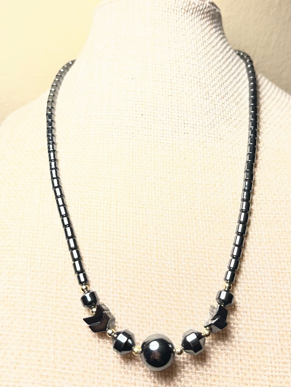Black Hematite Beaded Necklace with gold tone accents like new condition